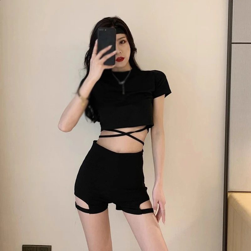 Womens Sexy Bandage Shorts Summer Hollow out Slim Sports Girls Black High Waist 250107