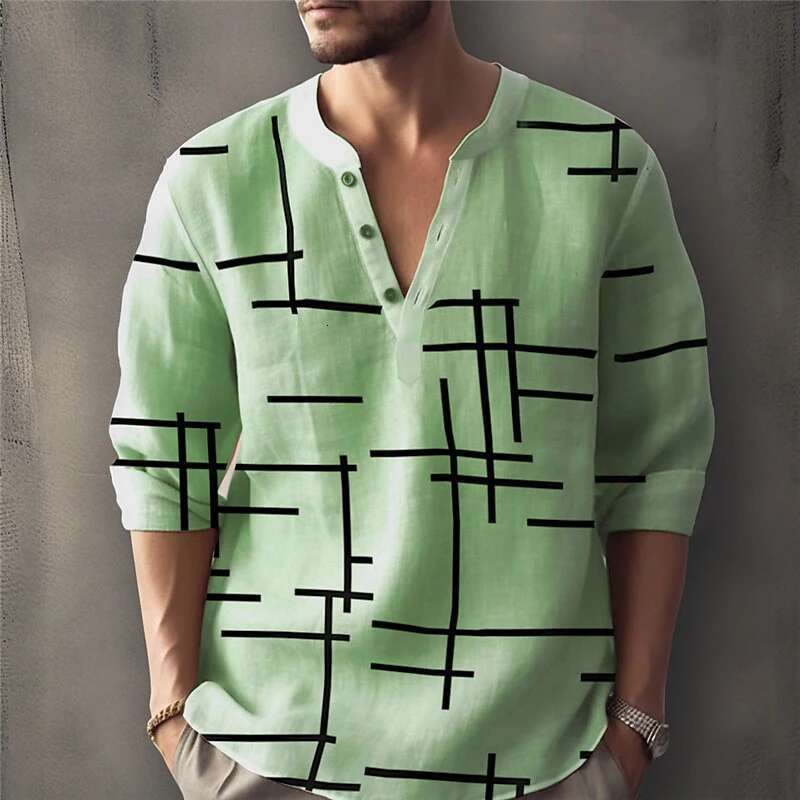Abstract Striped 3D Printed Henry Shirt Men's Fashion Streetwear Oversized Button Long Sleeved Designer T-shirt T-shirt Top Men's Clothing