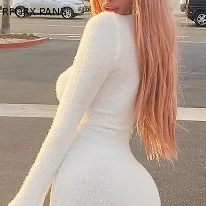 Women Chic Solid Fluffy Autumn winter Half High Neck Skinny White Basic Dress 250102