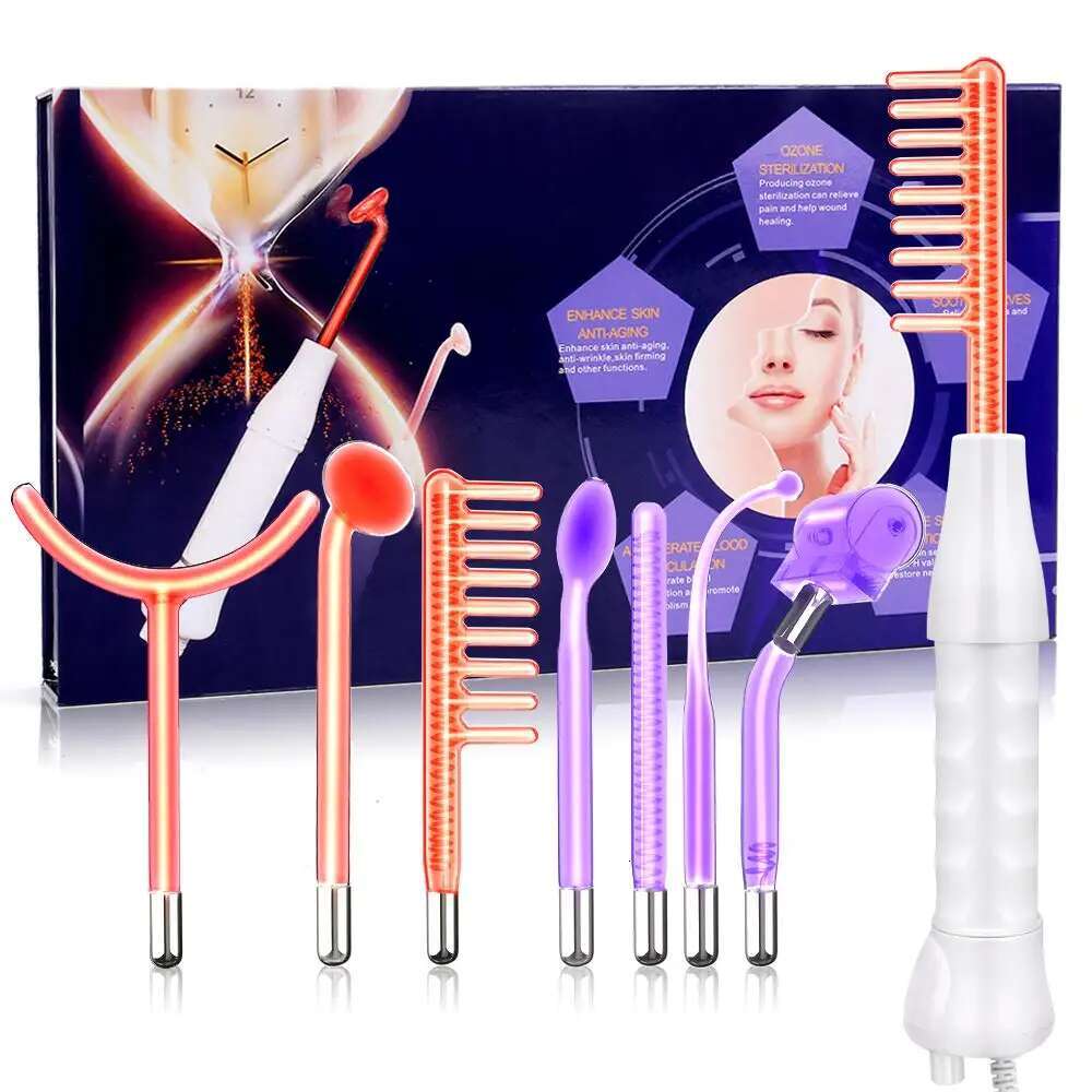 7 in 1 High Frequency Electro Therapy Wand Orange and Purple Glass Tube Remove Wrinkle Acne Spot Face Spa Skin Care Device