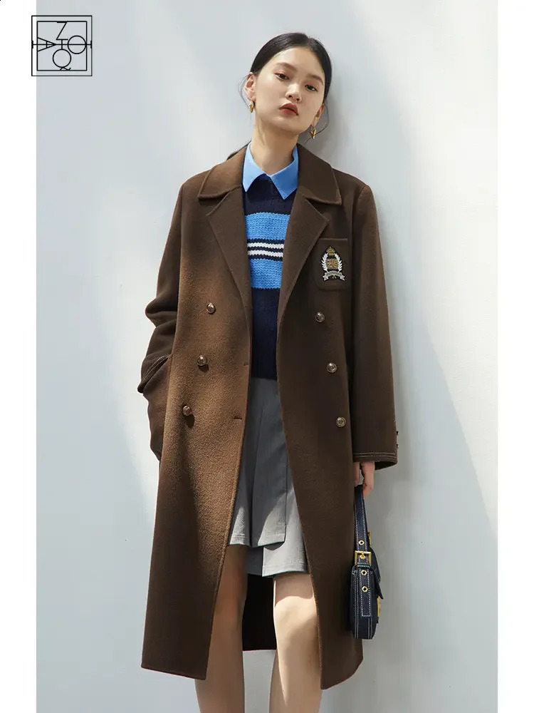 ZIQIAO 100% Wool Overcoat Autumn Winter Long Jacket Women Warm Coat Elegant Style Brown Chic Office Lady Straight Casual 250102