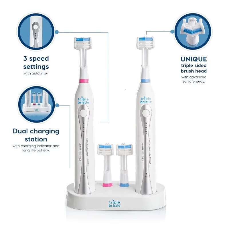 Triple Bristle 2 Electric Toothbrushes with Dual Charging Station, 3-Sided Sonic Brush, 31,000 VPM, Rechargeable Toothbrush Set