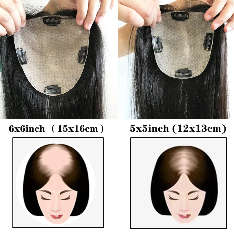 Natural Black brown long Wavy Hair Silk Base Human Hair Women Topper Natural Wave European Virgin Hair Pieces All Sizes Hand Tied Silk Top Toppers 6x6