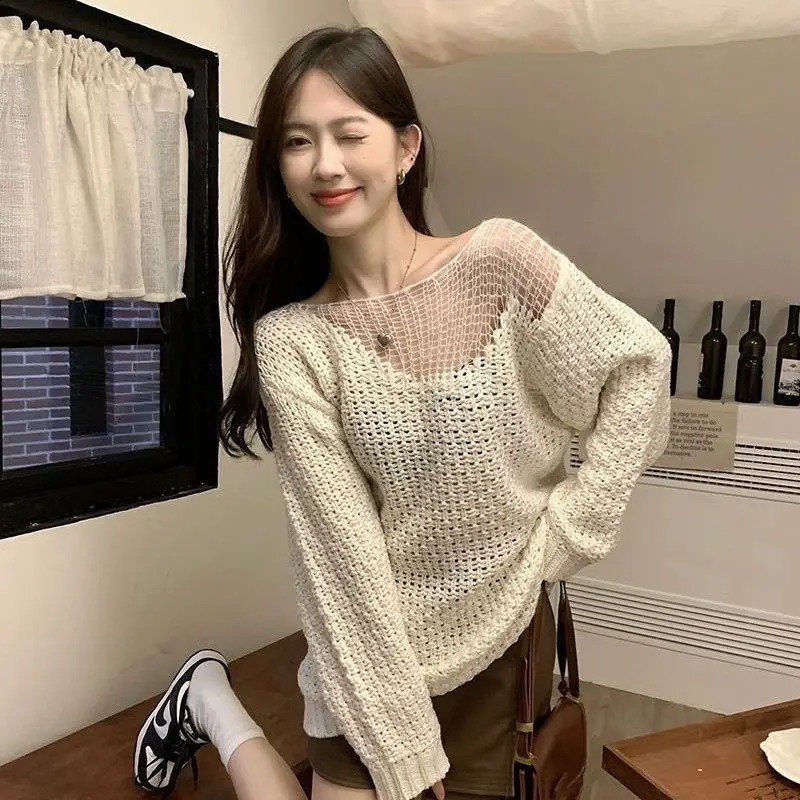 Sweater Women Mid-Length Loose Knitted Sweater Lazy One-Shoulder Off-The-Shoulder Top 250107