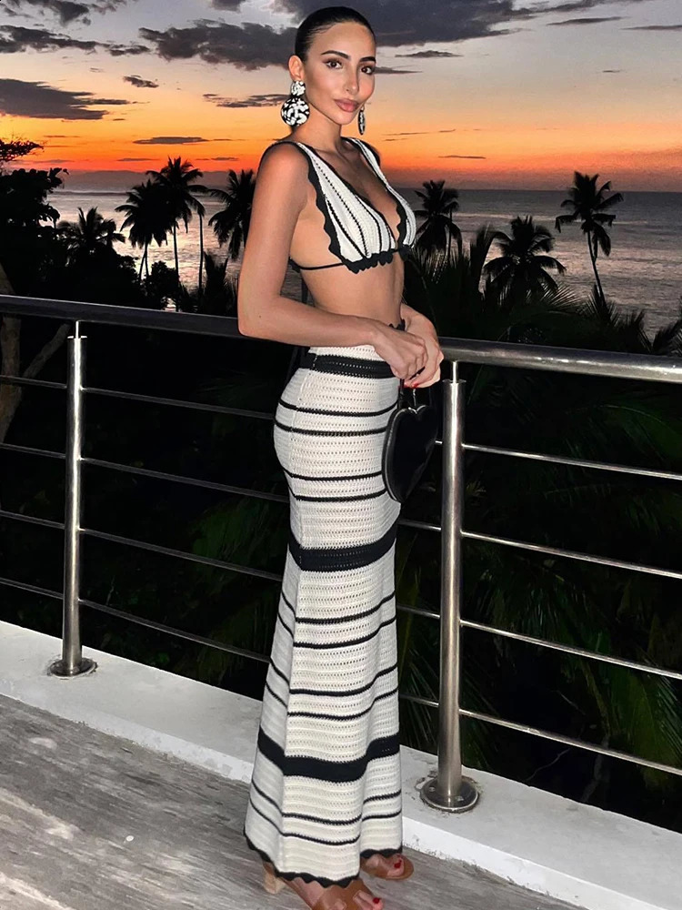 Trendix Striped Knitted Skiing and Bra Set Womens Sexy Backless Sleeveless Bikini Top Bohemian Party Elegant Knitted Long Evening Dress 250109