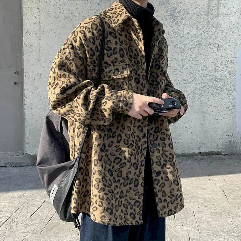 Retro leopard print casual jacket mens autumn spring Korean trend handsome elegant temperament high street coat cool streetwear 250107
