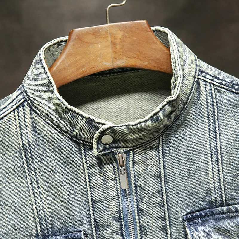 Retro blue high-end retro worn looking washed-out denim clothing for men 2024 fashion street motorcycle slim-fit zipper jacket X250113