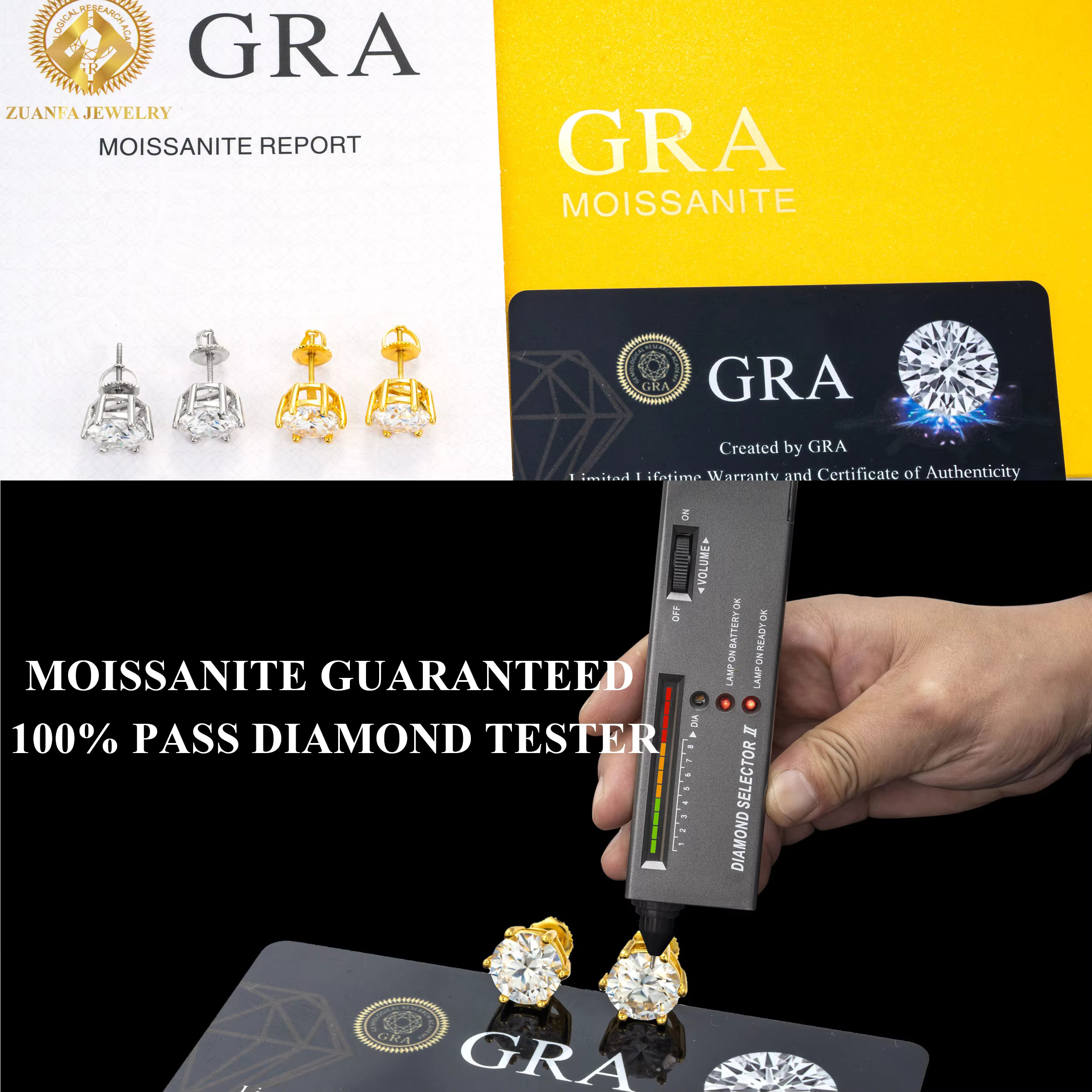 Ready to ship Zuanfa jewelry Round shape VVS GRA Certificate Moissanite dia sterg sier Screw Back Stud hip hop Earrings