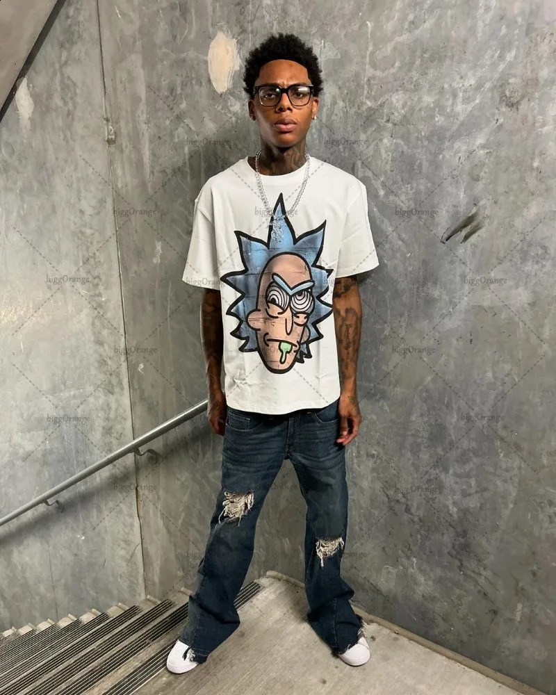 Hip-hop Punk Trend Streetwear Short-sleeved Harajuku Spoof Anime Print Oversized T-shirt Men American Retro Casual Top 250109