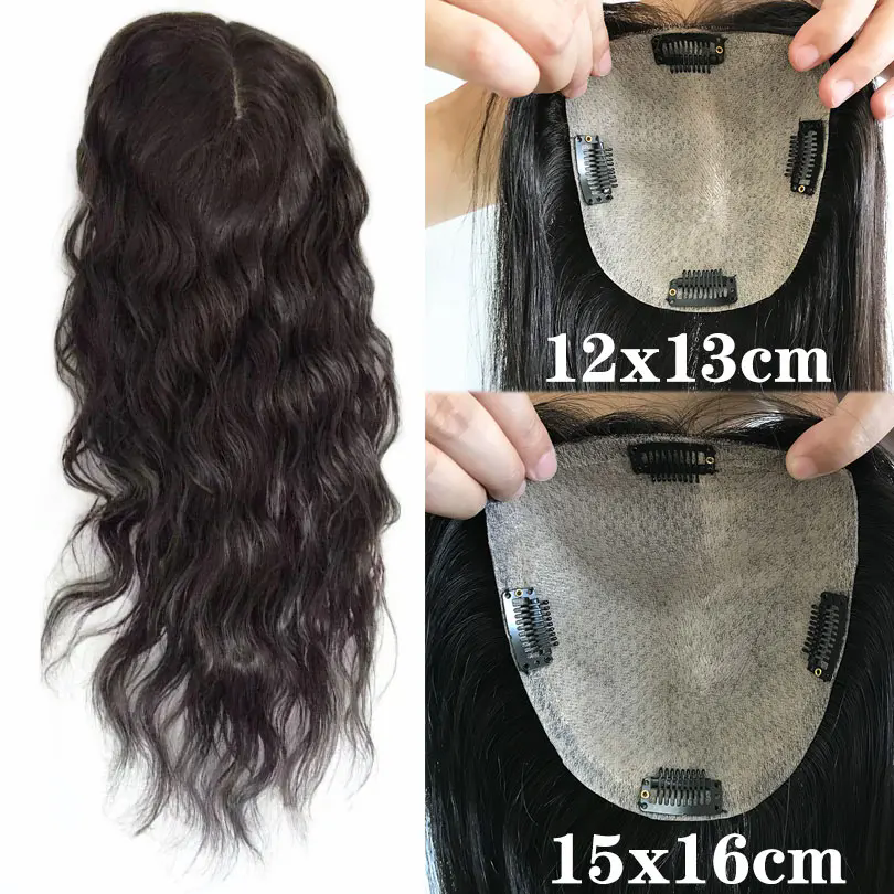 Wavy Clips On Hair Topper hair Piece 6x6" Virgin natural wave Hair Silk Base Toppers 15x16 cm Middle Part For Women