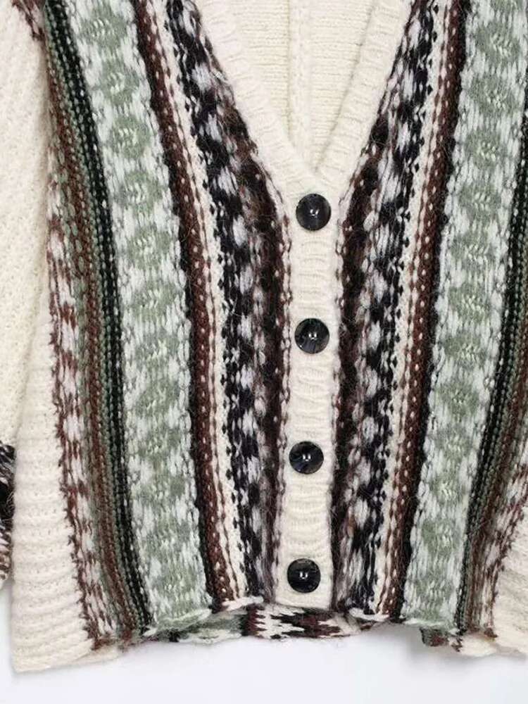 Fashion Crochet Knitting Sweater Women Retro V-Neck Long Sleeve Oversize Cardigan Knitwear Female Autumn Street Lady Chic Tops