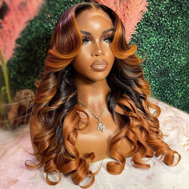 Ombre Ginger Brown Body Wave Human Hair Wigs Pre Plucked Brazilian Lace Wigs Body Wave Lace Front Wigs Transparent Lace for Black Women