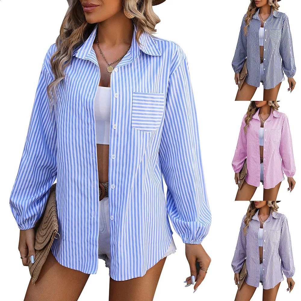 springSummer womens relaxed casual long sleeve striped shirt 250102