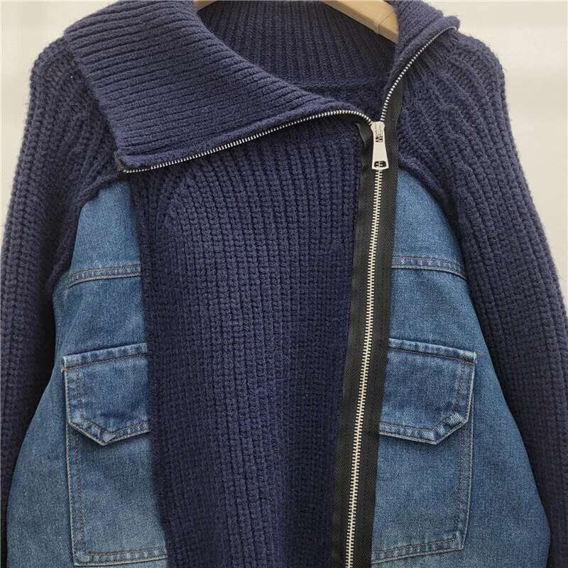 Fashion New Women's Irregular Stand Collar Knit Denim Coat Winter Trendy Long Sleeves Zipper Jacket Female