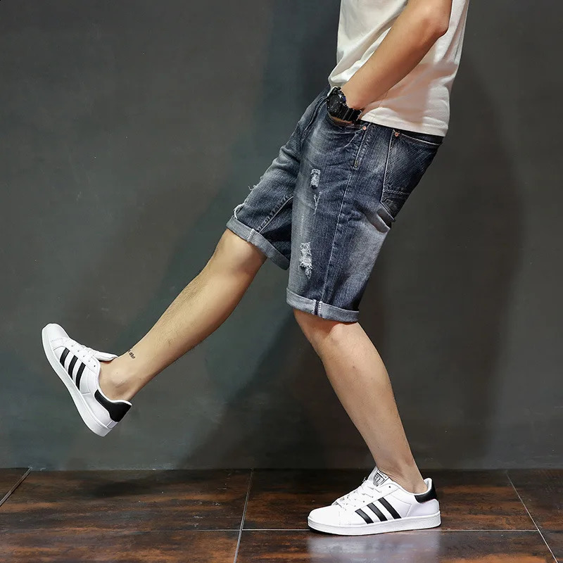 Summer Mens Denim Shorts Fashion Slim Fit Elastic Cotton Blue Wash Ripped Jeans Male Clothes 250103