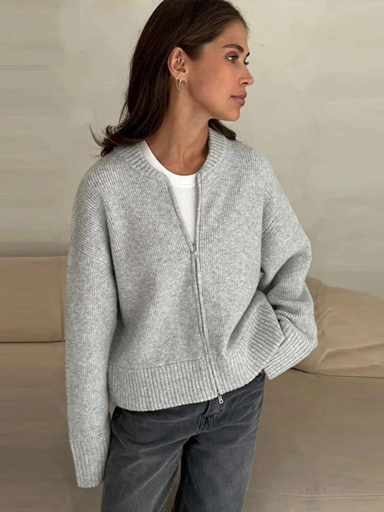 Fashion Solid Knitted Cardigan For Women Elegant O-Neck Long Sleeve Zipper Female Sweater 2024 Autumn Winter Lady Chic Knitwear