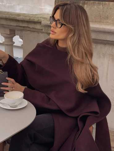 2024 new fashion temperament elegant street casual pure color with scarf woolen coat long