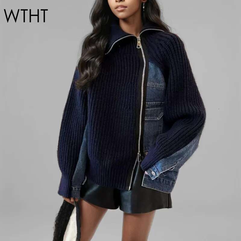Fashion New Women's Irregular Stand Collar Knit Denim Coat Winter Trendy Long Sleeves Zipper Jacket Female