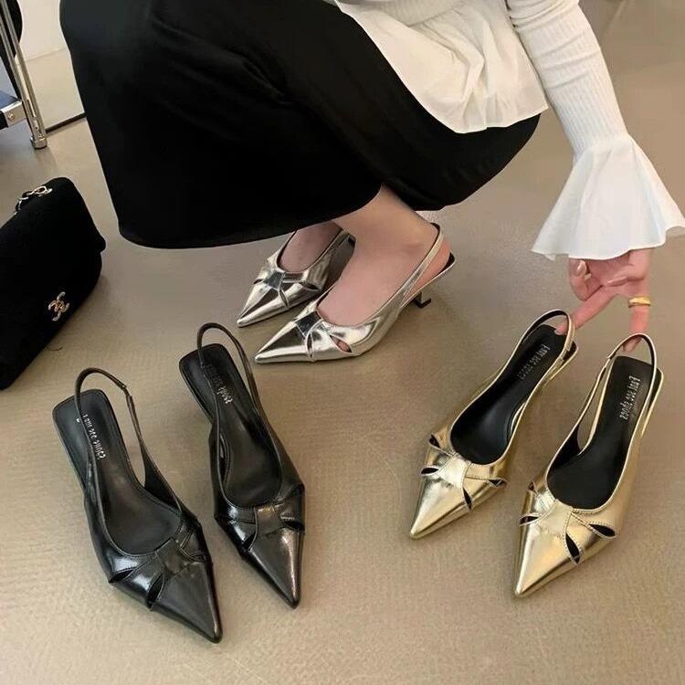 Women Sandals Fashion French Gentle Style Low Heel Niche Design Pointed Toe Triple Black Gold Sier Free shipping