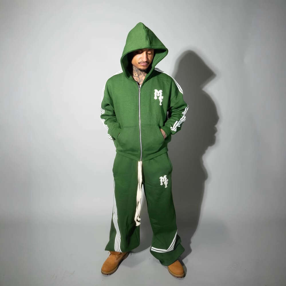 Trendy brand cardigan sweatshirt, durable M embroidery green hooded streetwear, men's zipper cardigan, fashionable