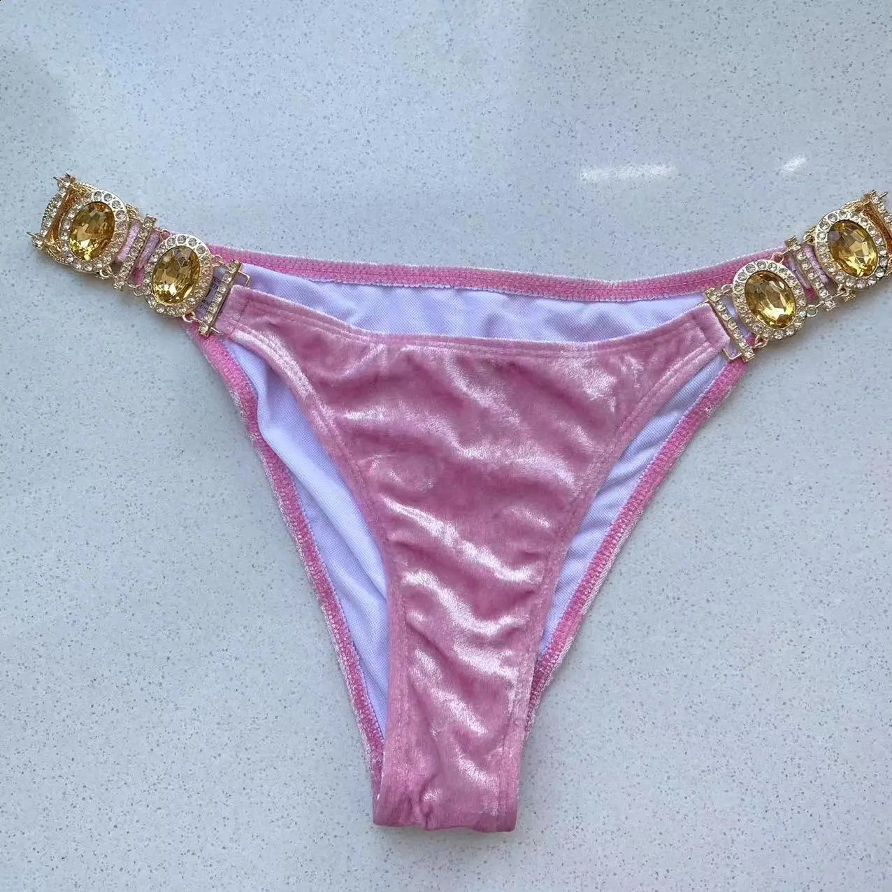Sexy Velvet Pink Swimsuit Womens Diamond Mini Bikini Top up T-shaped Swimsuit Brazil Beach Swimsuit 250109