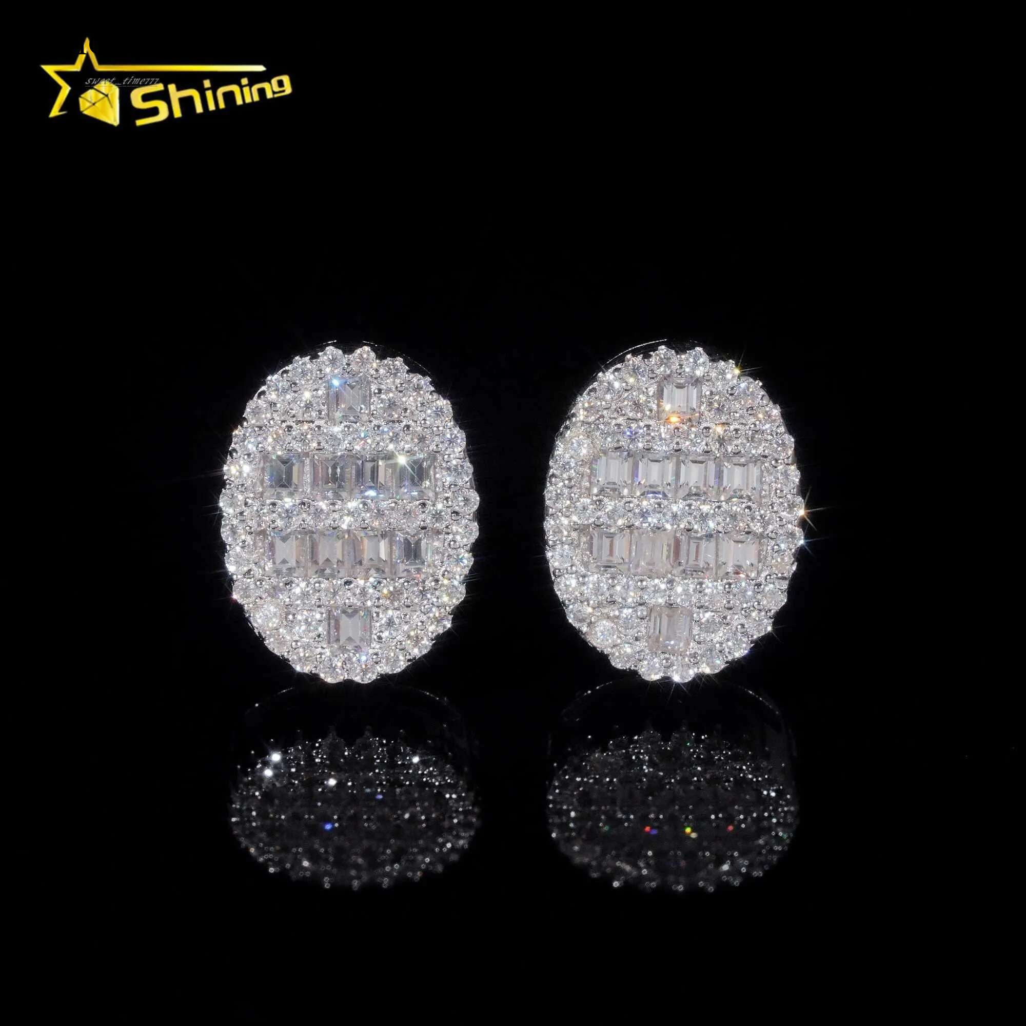 New design baguette lab dia sier vvs moissanite hip hop iced out stud earrings