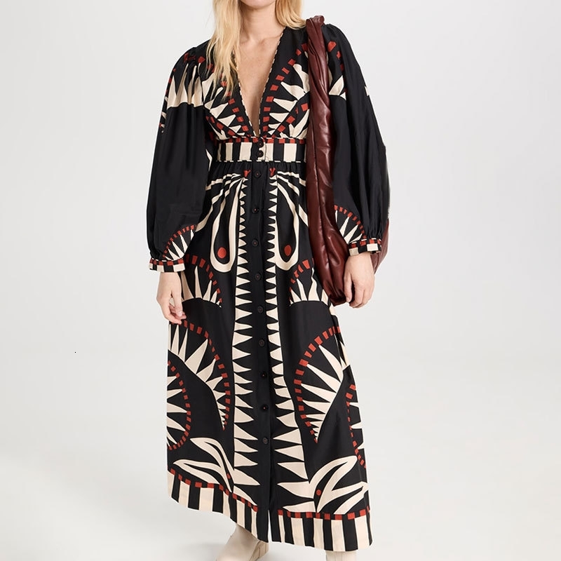 2025 Womens Lantern Sleeve Printed Lapel Waist Cinched Long Sleeved Big Swing Dress for Women