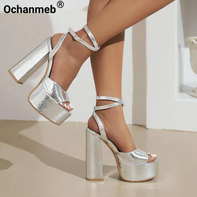 Ochanmeb Women Crocodile Peep Toe Chunky High Heels Thick Platforms Shoes Lady Ankle Buckle Gold Sier Sandals Party 44