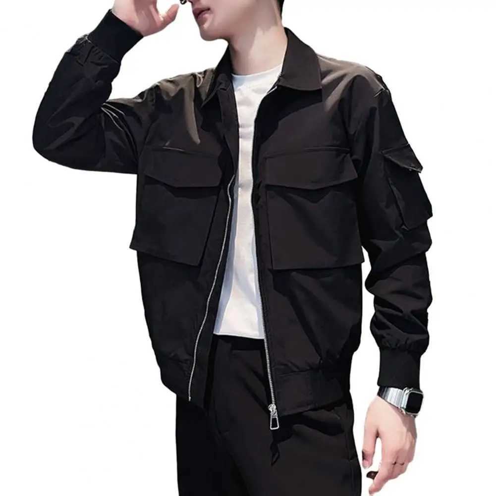 Men Jacket Loose Zipper Closure Long Sleeve Buttons Lapel Multiple Pockets Casual Hip Hop Streetwear Men Coat X250113