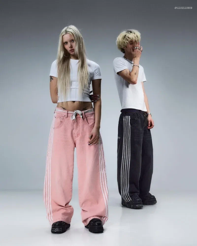 Men's Jeans Y2K Baggy High Quality Embroidered Striped Harajuku Sweatpants Hip Hop Unisex Casual Wide Leg Denim Pants Streetwear