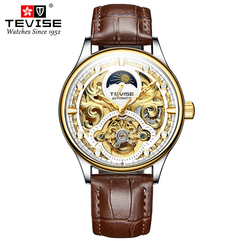TEVISE Designer Watch Automatic Mechanical Watch Mens Watch Hollowed-out MoonWatch Business and Casual Leather Strap Waterproof Function T064-T820D