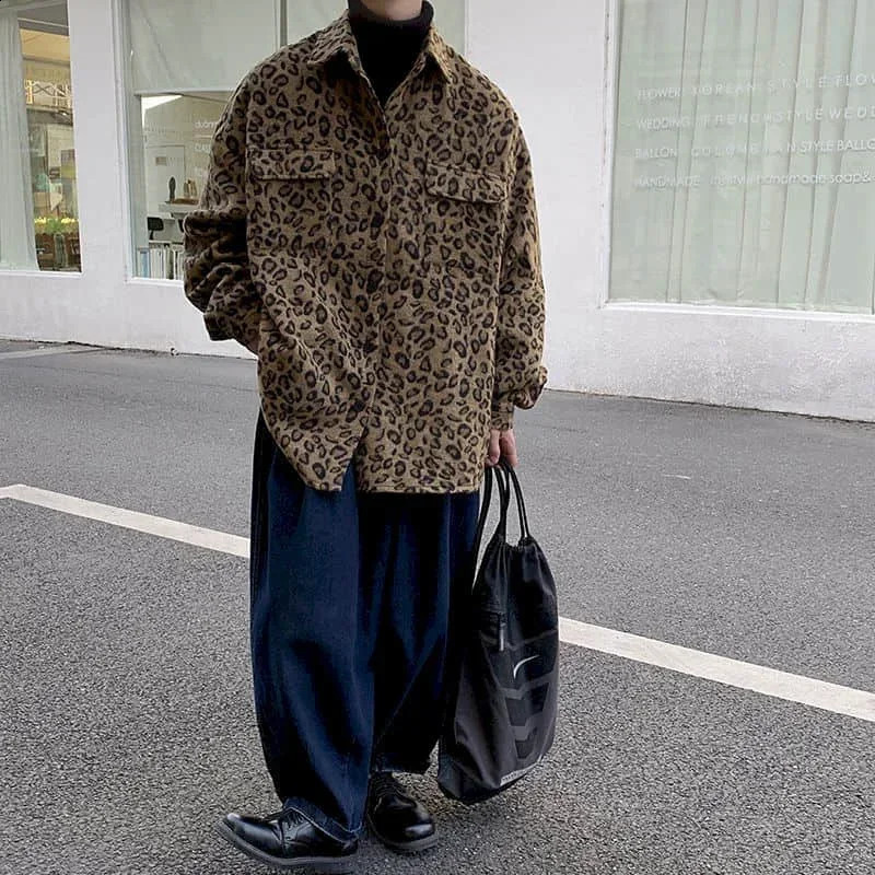 Retro leopard print casual jacket mens autumn spring Korean trend handsome elegant temperament high street coat cool streetwear 250107
