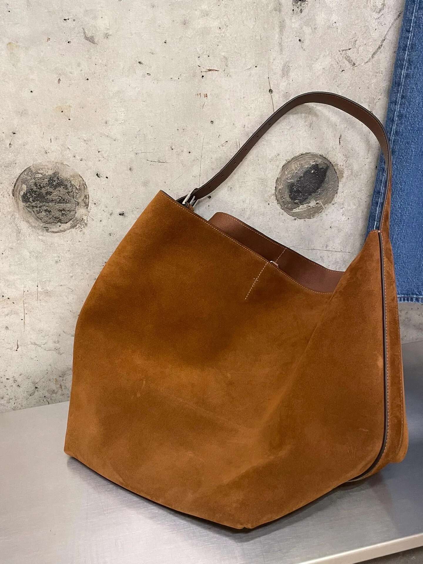 FIRMRANCH Retro Large Capacity High-End Texture Urious Frosted Suede Women's Shoulder Bag Commuting Tote Cowhide Bucket Pouch