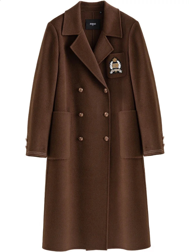 ZIQIAO 100% Wool Overcoat Autumn Winter Long Jacket Women Warm Coat Elegant Style Brown Chic Office Lady Straight Casual 250102