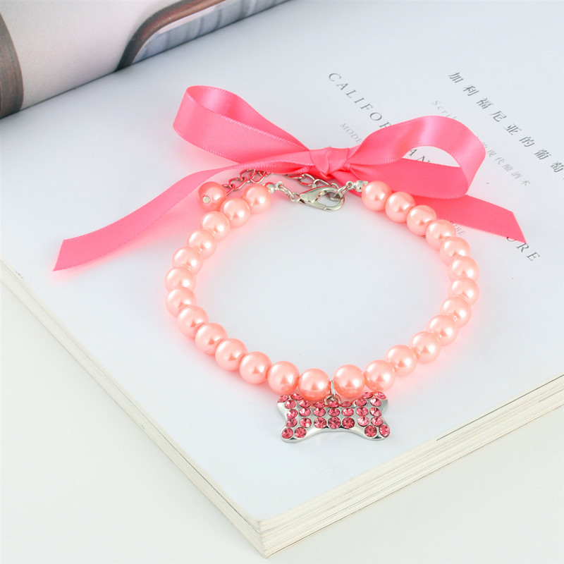 Princess Dog Cat Pearls Necklace Collar with Rhinestones Charm Pet Puppy Jewelry Female Puppy Chihuahua Yorki