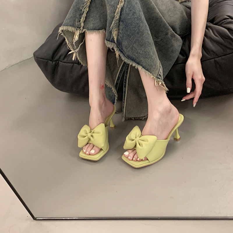 Women Slippers High Heel Bow Design Sweet Fashion New hot Style Triple Beige Green Fuia Free shipping