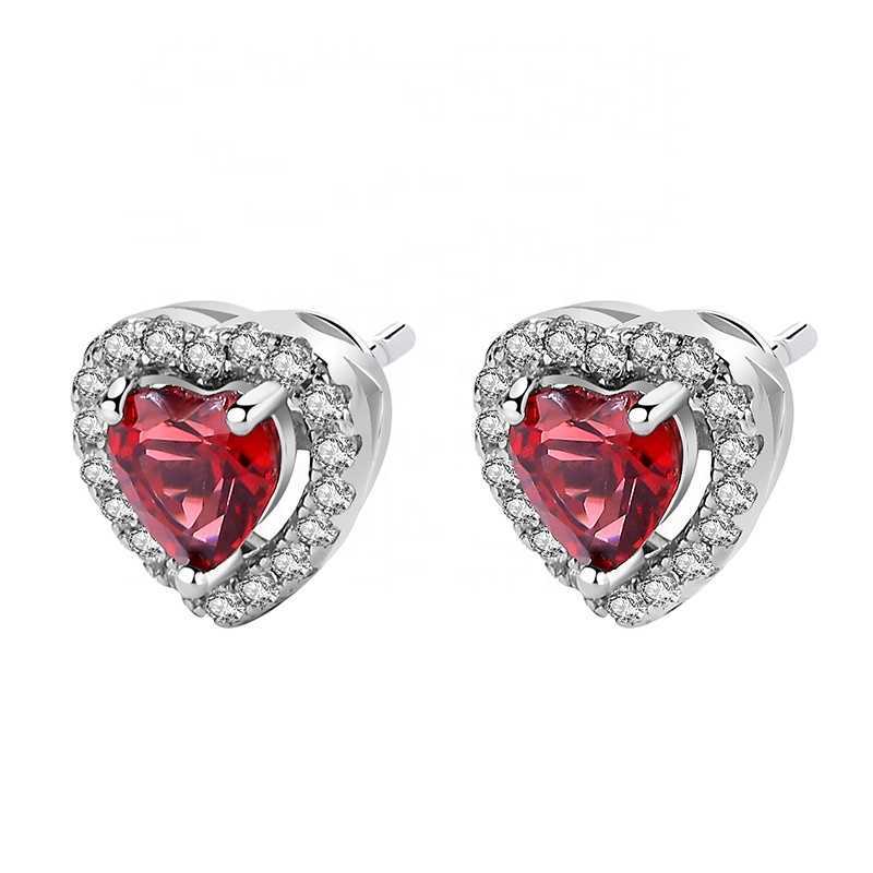 Luxury Cubic Zirconia 925 Sterling Silver Hypoallergenic Red Love Heart Garnet Gemstone Stud Earring for Women