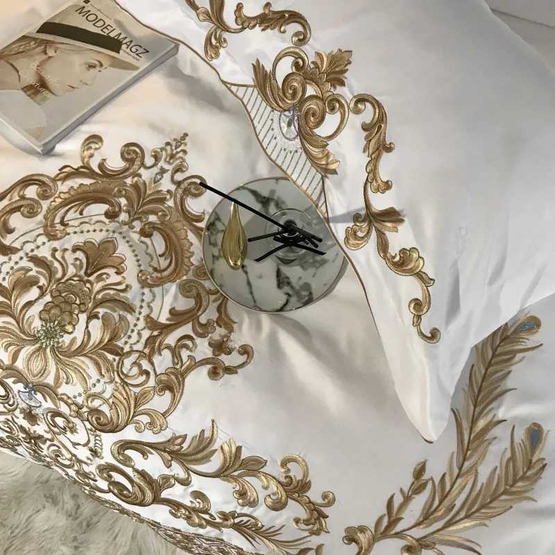 Bedding sets White Bedding Set 60S Satin Cotton Royal Gold Embroidery Soft Duvet Cover Set Bed Sheet cases 4 Pcs 5Pcs H250113