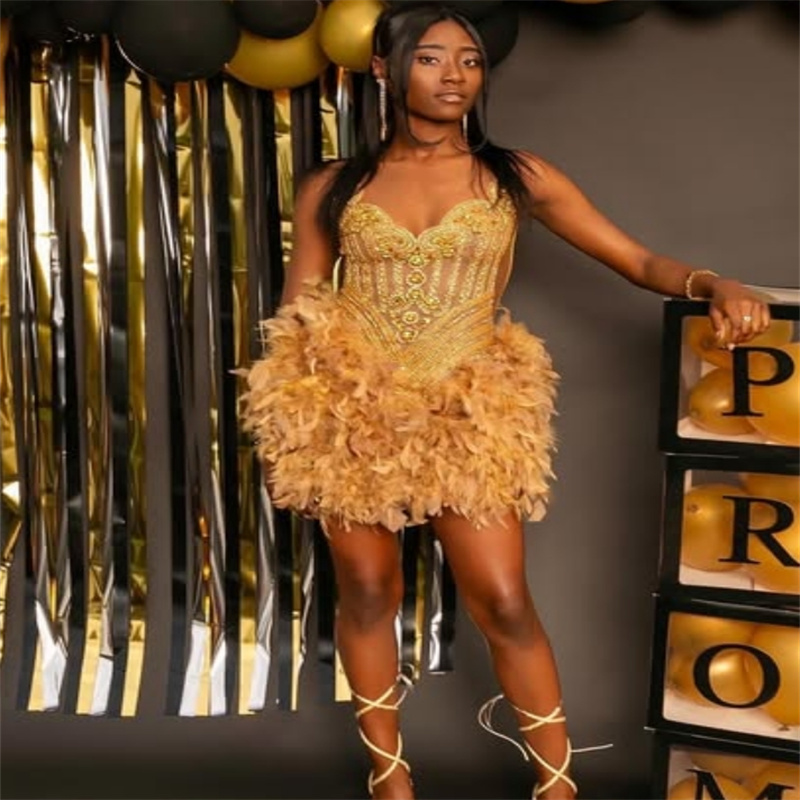 Luxury Gold Birthday Prom Dress With Feather Black Girls Rhinestone Cocktail Dress 2025 Sexy Short Evening Dress Special Occasion Formal Party Wear Ve