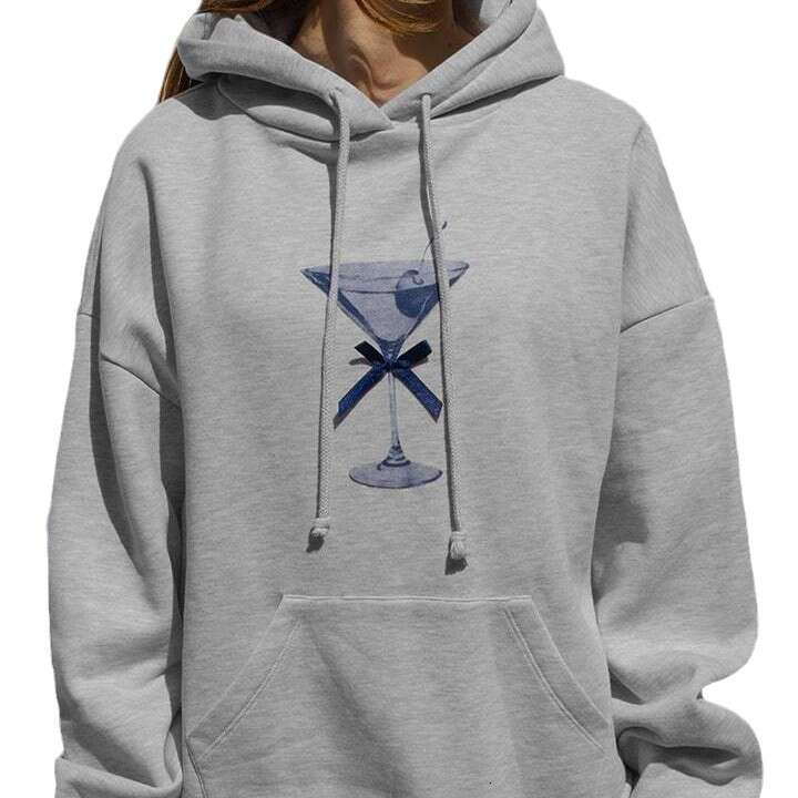 New women's patterned bow red wine glass pullover top long sleeved round neck hooded sweatshirt