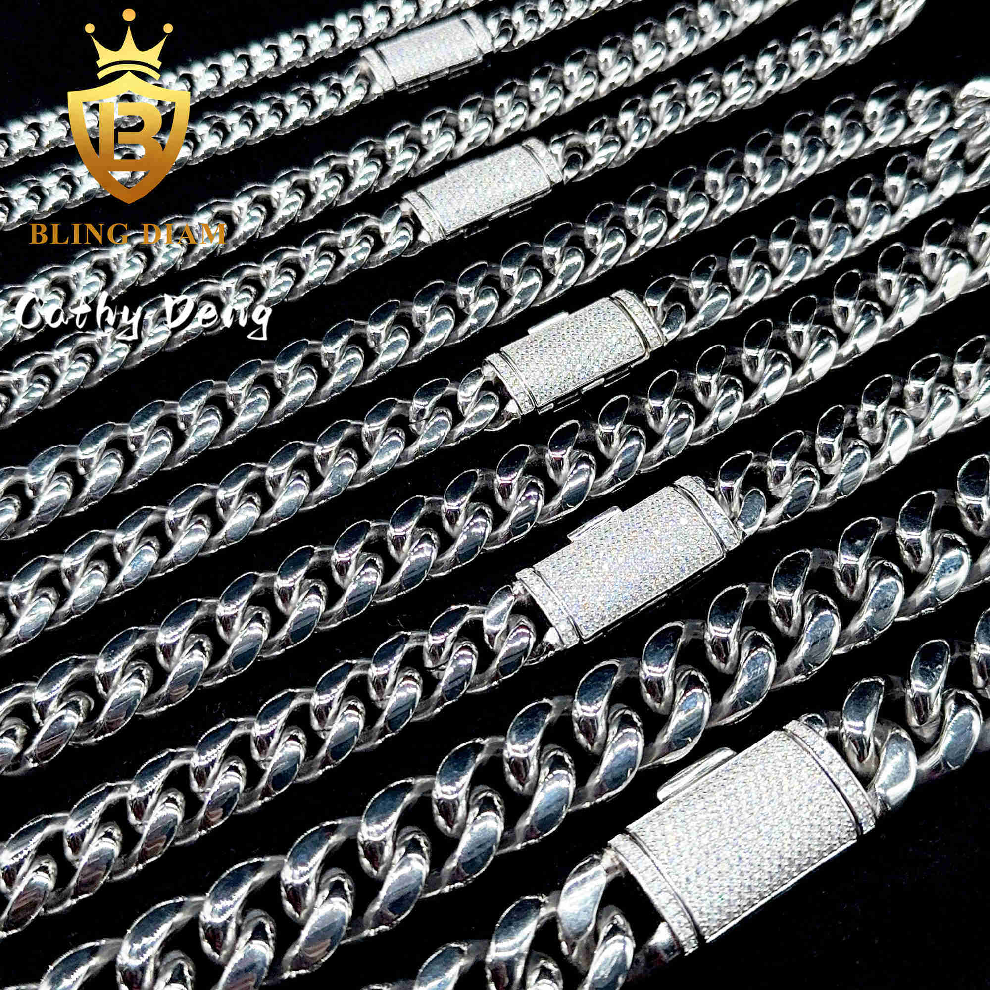 Ready Shipping 8mm 12mm 14mm 18mm 316L Stainless Steel Cuban Chain With 925 Silver Moissanite Clasp Miami Chain for men women
