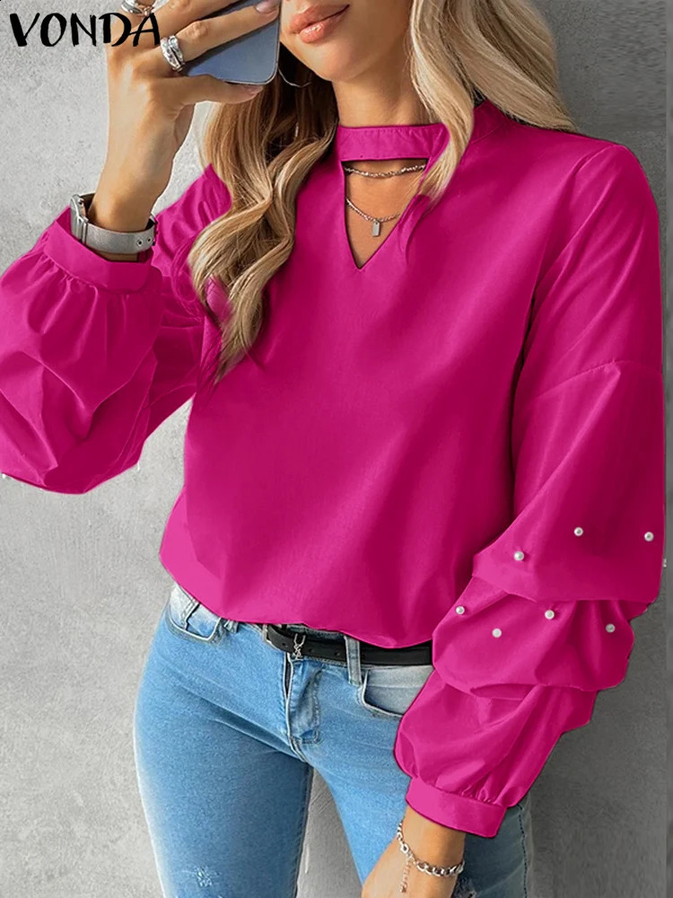 VONDA Women Ruffled Tops Elegant Long Sleeve Blouses Casual Solid Color Blusas Female Stand Collar Shirts Oversized Tunics 250102