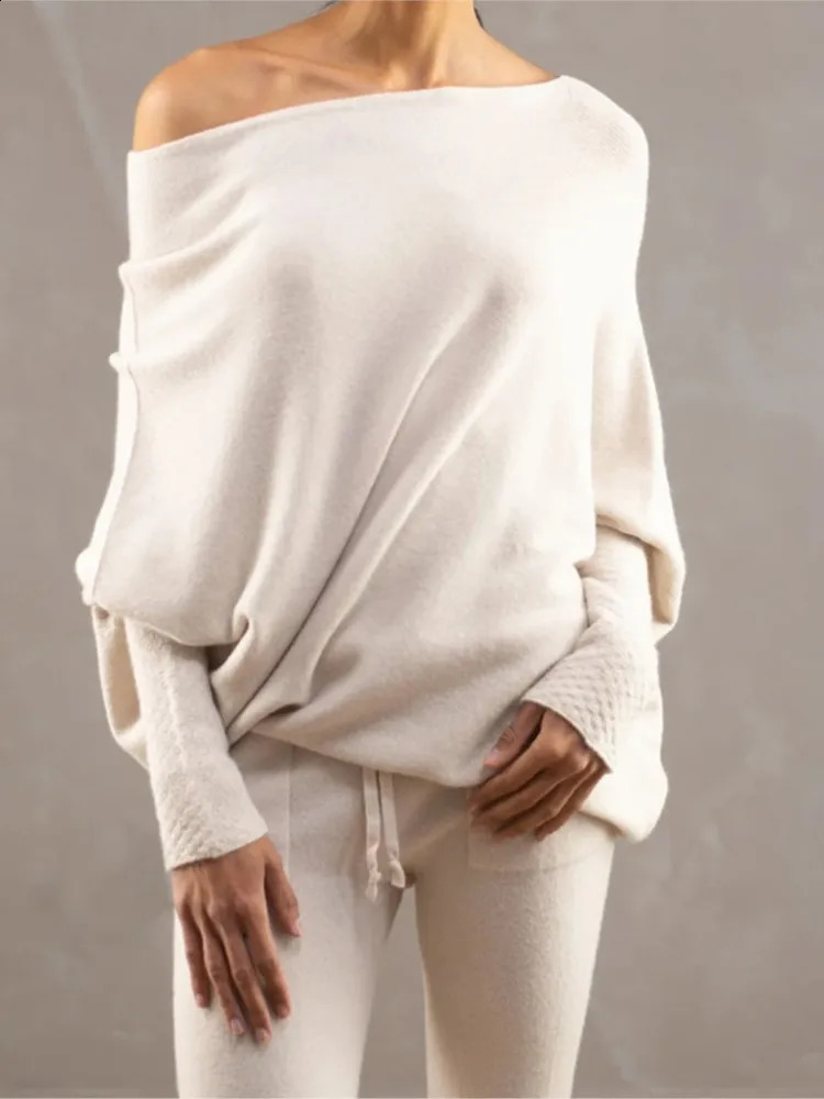 Womens Long Sleeve Neck Tunic Knitted Tops Autumn Winter Solid Loose Pullover Sweaters Off Shoulder Sweater Slash Top 250109