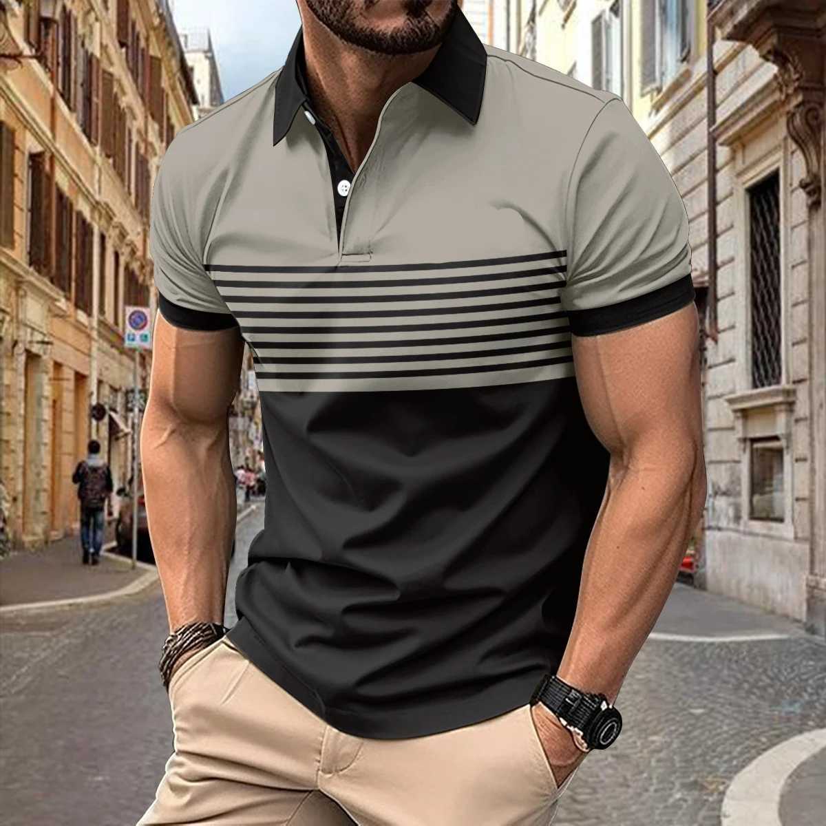 High Quality Mens Polo Shirt Polyester Casual Beach Polo Shirt Summer Comparison Stripe Printed Mens Polo Shirt T250113