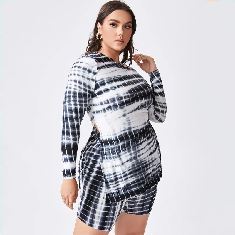 Plus Size Tie Dye Summer Spring Fashion Two Piece Set Outfits Oblique Neck Long Sleeve Top Blouse And Biker Shorts 6XL y250122