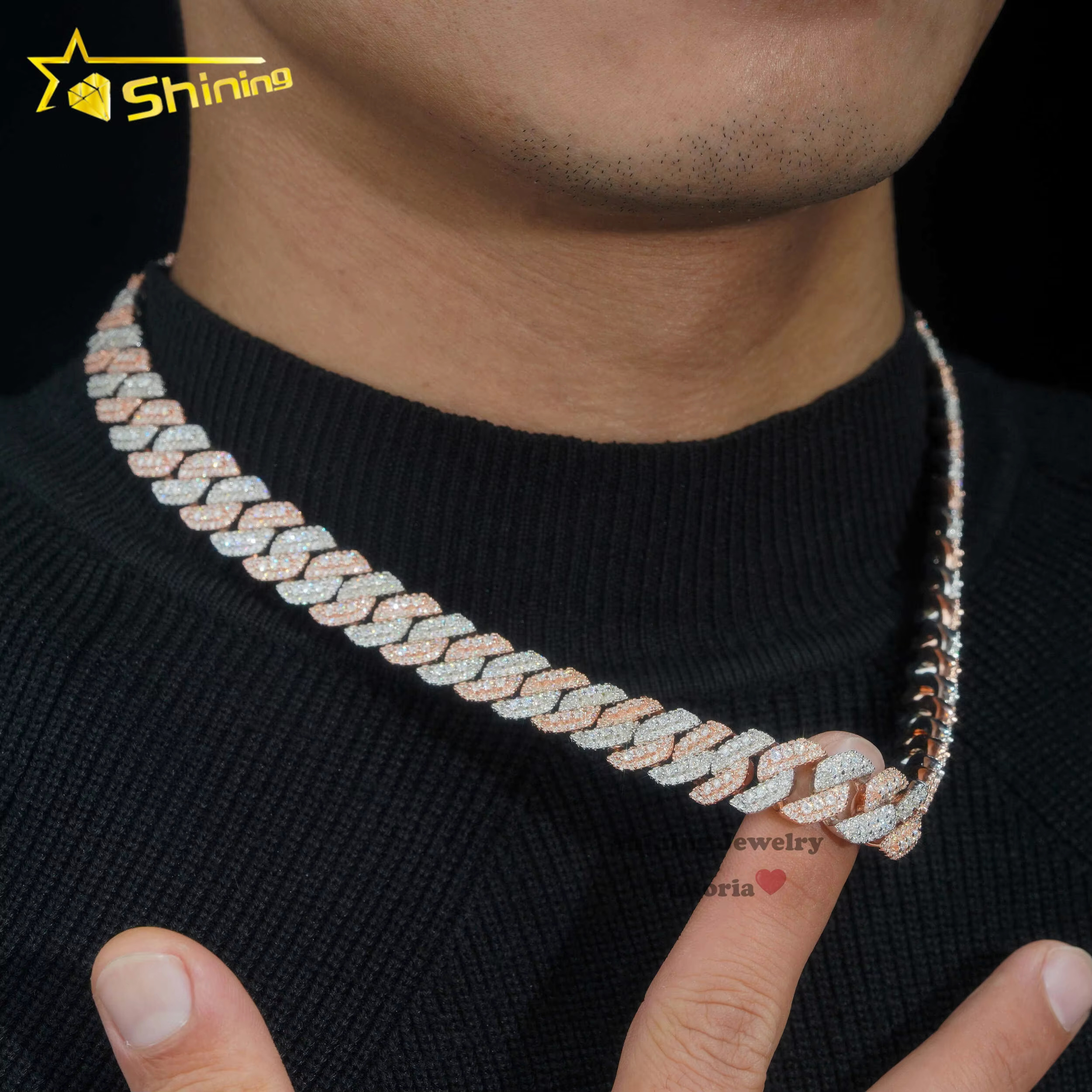 Rose gold plated two tone iced out 13mm sterg sier pass dia tester hip hop jewelry vvs moissanite cuban k chain