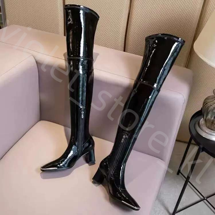 Free Shipping New Knee High Boots Designer Patent Leather Boots Women Thick Heels Winter Snow Martin Boots Over The Knee Boots Thick Soled Winter Boot