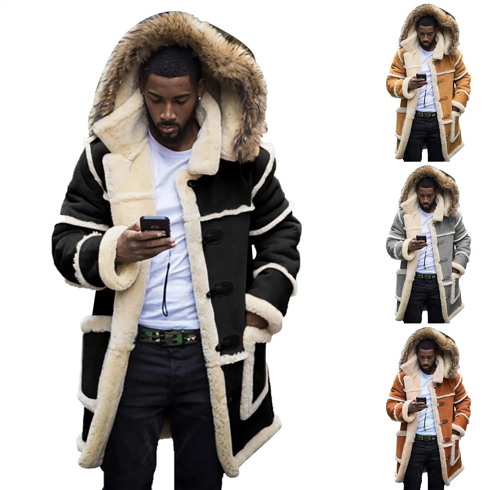 Men Lamb Fur Hooded Jacket Punk Warm Windproof Leather Coat Winter Fashion Padded Long Top Cardigans Windbreaker 250107
