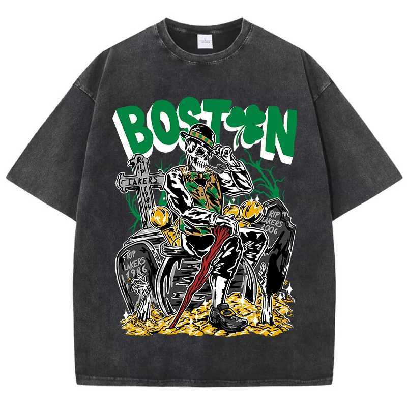 American Vintage T-Shirts For Men/Women Boston Skeletons Smoking Cotton T-Shirt Washed With Old Water Personality T Clothing New X250607