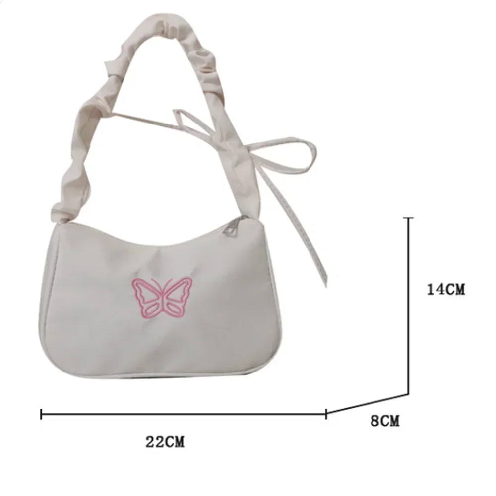 Embroidery Bowknot Butterfly Shoulder Bag Y2k-Style Ruffle Handle Nylon Bow Tote Bag Makeup Lipstick Bag Handbag 250106